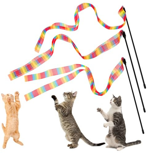 GEEHUA Interactive Cat Rainbow Wand Toys, 3 Pcs Interactive Cat Teaser Wand String for Indoor Cats Cat Wand Toys Kitten Toys Cat Toy for Adult Cats Kitten Exercise