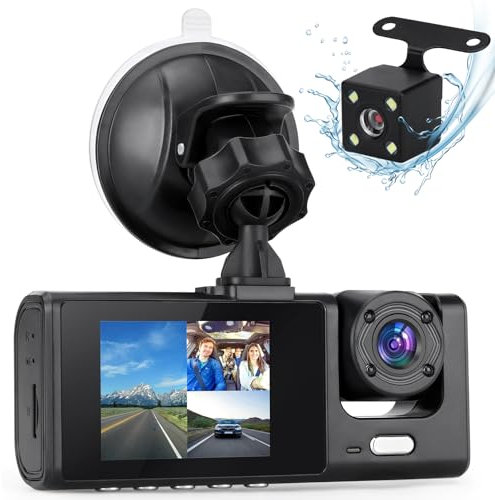 1080P Dashcam Voiture avec 64G Carte SD,Triple Camera Avant Arrière Intérieur Surveillance de Stationnement 24H, Vision Nocturne IR, G-Senseur, Enregistrement en Boucle,HDR, Aide à l'inversion