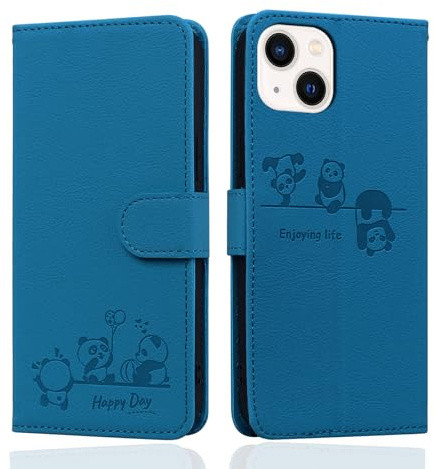 Butnyeoe for iPhone 14 Flip Case with Card Holder, iPhone 14 Wallet Case for Women, PU Leather Magnetic Book Protective Phone Cover, Cute Cartoon Panda Blue
