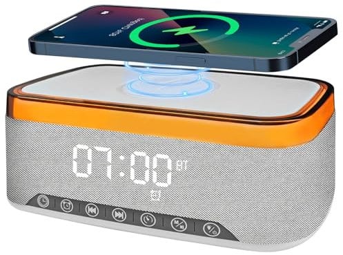 Yeelan Wecker Digital mit Ladestation, Digitalwecker mit Licht, 5.3 Bluetooth Lautsprecher, 15W Kabellose Aufladung für iPhone/Samsung, 12 Farbiges Nachtlicht, Alarm Clock für Frauen Männer