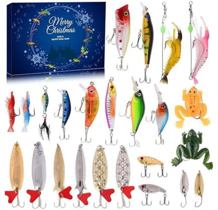 24 Days Christmas Countdown Fish Tackle Set, Weihnachts-Angelset kassette, Adventskalender Angeln 2024, Adventskalender angeln ausrüstung, 24 Tage Angelköder Set für Erwachsene Männer Angler (B)