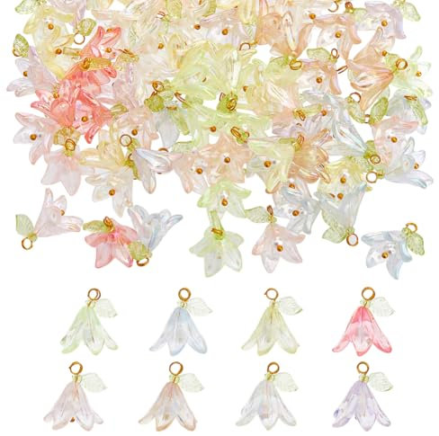 SUPERFINDINGS 80PCS 8 Colors Acrylic Flower Charms Lily Floral Pendants with Pearl Beads Bell Orchid Leaf Dangle Charms for DIY Bracelet Earrings Necklace Jewelry Making Crafts