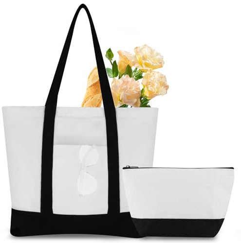 Canvas Beach Bag for Women with Makeup Bag, DIY Personalized Blank Tote Bag with Zip, Large Capacity Shopping Bag Travel Bag Reusable Shoulder Bag Handbag for Holiday Picnic Shopping (White)