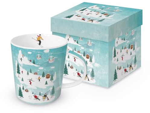PPD Tasse Weihnachten Skiurlaub im Winter aus Porzellan. Motivtasse für den gedeckten Tisch und als Geschenk 0,4L x H10,5cm