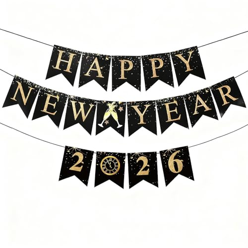 2026 Neujahr Banner Silvester Girlande, Happy New Year Banner für Silvester Party Dekorationen, Happy New Year Girlande Banner, Neujahr Partybanner Hängende, Schwarz Gold Girlande Banner