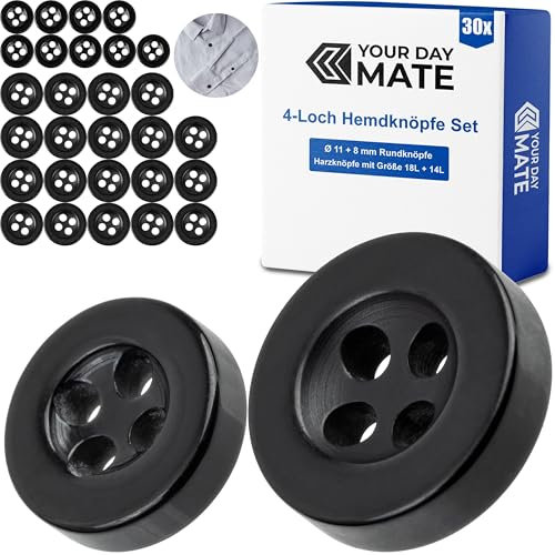 Knöpfe Set, für Hemden und Blusen, 30 Stück, 4-Loch, Ø 11 + 8 mm, in Schwarz, aus Kunstharz, Größe 18L + 14L, Harzknöpfe für Jacke, Mantel, Hemd, Bluse, Poloshirt, DIY Knopf Polyester, Wäscheknöpfe