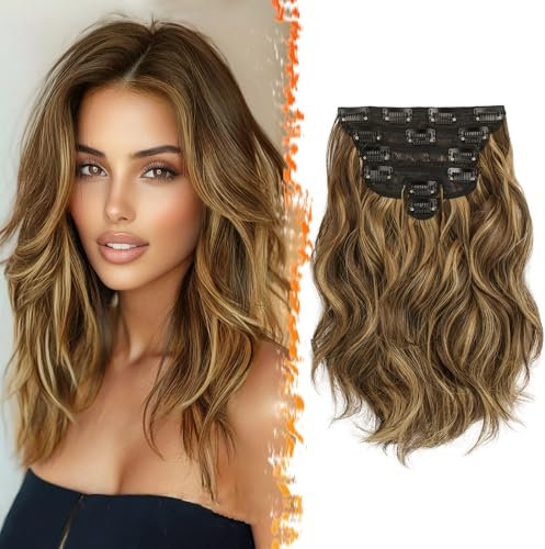 BARSDAR Clip in Extensions 30cm Kurzes Wellige Highlight Haarverlängerung für Frauen 6PCs Voller Kopf Dickes Synthetisches Clip in Haarteil - Schokolade Braun mit Highlights