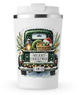 MAXIKIWI Isolierter doppelwandiger, auslaufsicherer Edelstahlbecher, Kaffee- oder Tee-Reisebecher mit Deckel, hält Getränke heiß und kalt, Motiv Weihnachts-Trucks, 2–350 ml