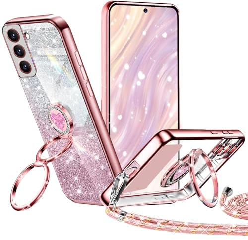 Tawarror Glitzer Handyhülle für Samsung Galaxy S22 Hülle mit Band, Galvanisierte Silikon TPU für Samsung S22 5G Schutzhülle mit Herzen Doppelring Ständer, Kordel zum Umhängen Stossfest Case Roségold