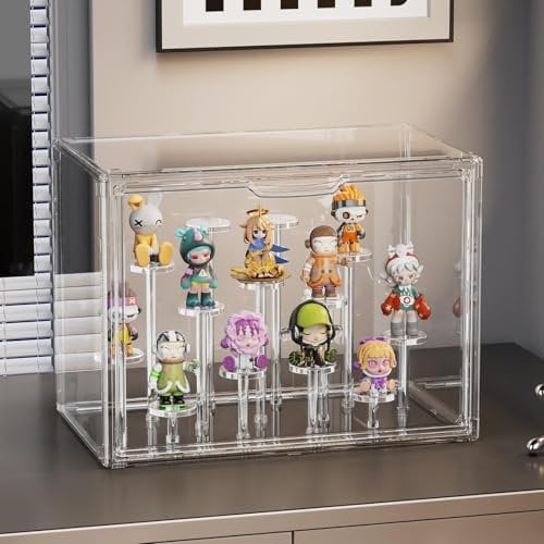 GUDEMAY stapelbare Acryl Vitrine mit Podest, staubdichte Schaukasten, transparente Display Case zur Aufbewahrung von Minifiguren, kleine Modelle, Sammlerstücke, Blindbox Action Figuren