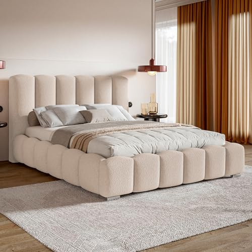 MOTIVENA Grand Bubble Bett 200x200 Beige Boucle, mit Stauraum, mit Kopfteil, mit Lattenrost, mit Füßen, ohne Matratze, Bubble Polsterbett 200x200 mit Bettkasten Beige