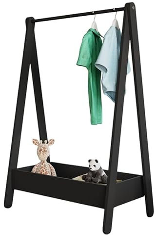 URBNLIVING Kids Wooden Hanging Dress Up Clothes Rail Rack Display Stand Extra Storage Shelf (Black)