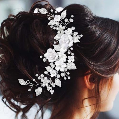 Unicra Blume Hochzeit Haar Rebe Blatt Braut Haarteil Silber Perle Haarschmuck für Frauen und Bräute (Silber, One Size)