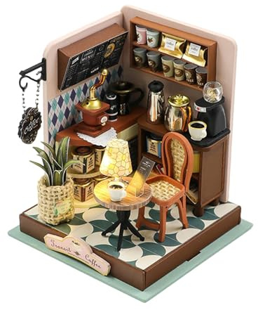 Kaffeehaus aus Holz – Puppenhaus aus Holz mit Lichtern | Miniatur Handgemachtes Spielzeug mit Lichtern, winziges Kunsthandwerk mit Möbeln, Puppenhütte für Büros, Top Von
