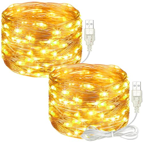 litogo Led Lichterkette mit USB, 5M 50 LED Lichterkette Innen mit Stecker, Wasserdicht Weihnachten Lichterketten Außen für Party, Garten, Hochzeit, Zimmer Deko, Warmweiß 2 Stück