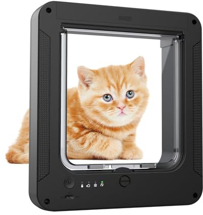 Smart Cat Door for Interior & Exterior Doors, Inter Frame Size 8.34 x 7.83, Microchip Kitten Door with 3 RFID Collar Sensor Keys, Electronic Activated Opening Pets Cats Flap for Windows, Walls