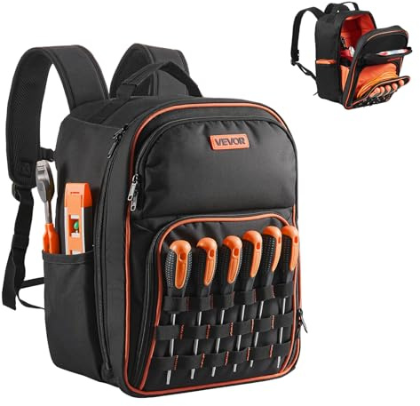 VEVOR Werkzeugrucksack, 49 Taschen, Werkzeug-Aufbewahrungs-Organizer, Backpack mit Laptopfach und verstärktem Stoffboden, Baustellenrucksack, Werkzeugtasche für Elektriker, Handwerker