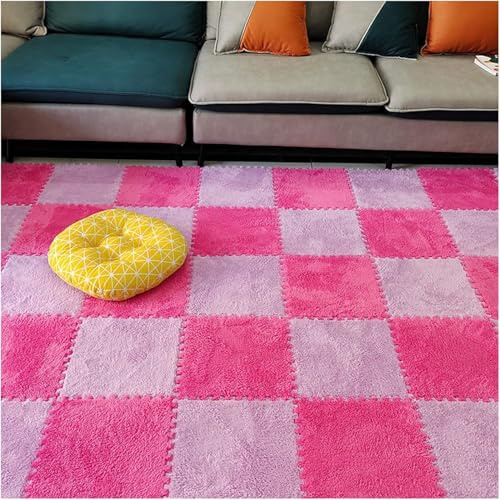 10 Stück Ineinander greifende Teppichfliesen, Plüschschaum Quadratische Fußmatten Set, 12x12inch In Einander Greifende Flauschige Plüsch Puzzle Spielmatte Mit Rand, Lila+Rose Rot