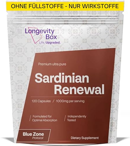 Longevity Box Sardinian Renewal – Spermidin 5 mg mit Cannonau Traubenkern, Citrus Bergamot, Mariendistel & Rosmarin – Zell-Erneuerung, Herz- & Stoffwechsel-Support – 120 Kapseln