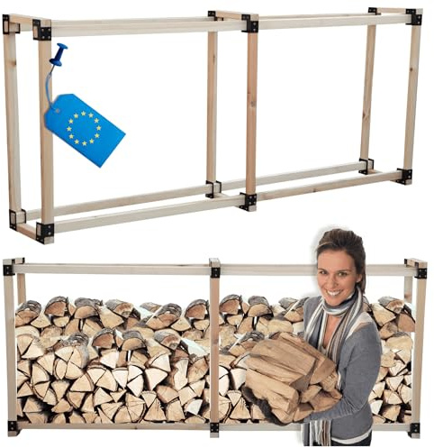 MODO24 Kaminholzregal, Holzunterstand, stabiler Brennholzständer aus massivem Holz, Brennholzregal & Holzlager für Garten, Terrasse & Außenbereich, Kaminholz Aufbewahrung, Abmessungen: 154x292x40 cm