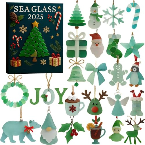 Sea Glass Adventskalender 2025, 24 Tage Meer Ornamente Weihnachten Countdown Kalender, 24 Stile 2D Flach Acryl Blau Anhänger Kollektion Für Geburtstag Frauen Männer Junge Mädchen Zuhause
