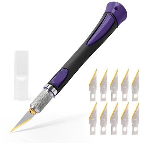 EHDIS Taglierino di Precisione con 10 Lame di Titanio, Bisturi Modellismo di Gomma Antiscivolo, Cutter di Precisione, per Lavoro Artistico Taglio, Scultura,Viola