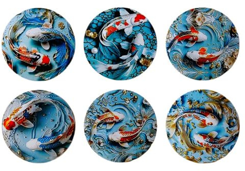 6er Set Untersetzer Koi Fisch Karpfen 10 cm Ø Holzuntersetzer Tisch Deko MU K809