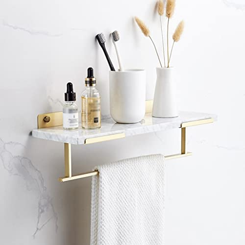MEVZHH Nordic Messiwand Montierte Dusche Caddy Mit Handtuchstab & Weißen Marmor Regal Schwebende Aufbewahrufür Shampoo Kosmetik & Badezimmer Essentials (50Cm)/Weißer Marmor 40Cm Mit Stab