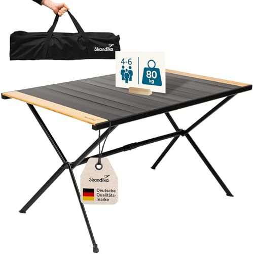 Skandika Campingtisch Tivaro | Alu Campingtisch mit Holz, für 4 Personen, 80 kg Traglast, 120x80x70 cm, wasserfest, klappbar, leicht, einrollbare Tischplatte | Falttisch für Garten, Camping, Angeln