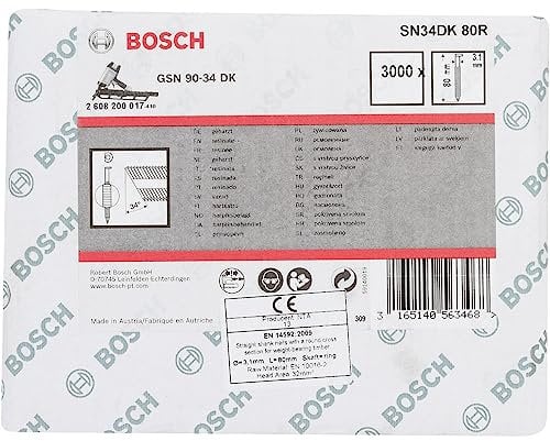 Bosch Accessories Clous en Bande Tête D 34° SN34DK 80R, 7.1mm Tête, 3.1mm x 80mm, Lot de 3000