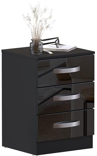 Movian Amazon Brand High Gloss Chest Of Drawers Black, 3 Drawer With Metal Handles and Runners, Unique Anti-Bowing Drawer Support, Bedroom Furniture