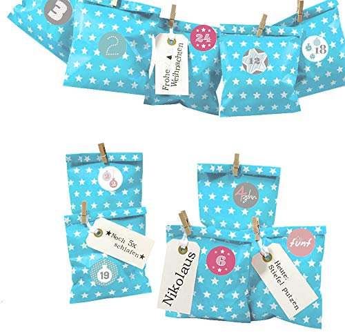 Frau WUNDERVoll® DIY Adventskalender zum Befüllen Bescherung: Set Stern 117, Papiertueten flach 13x16,5cm, beachblau Stern, Ziffern Pastell