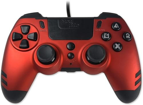 Steelplay, Metaltech, manette de jeu filaire, gamepad avec double système de vibration, sortie casque audio (jack), compatible avec PS4, compatible avec PS3 et compatible avec PC - Rouge