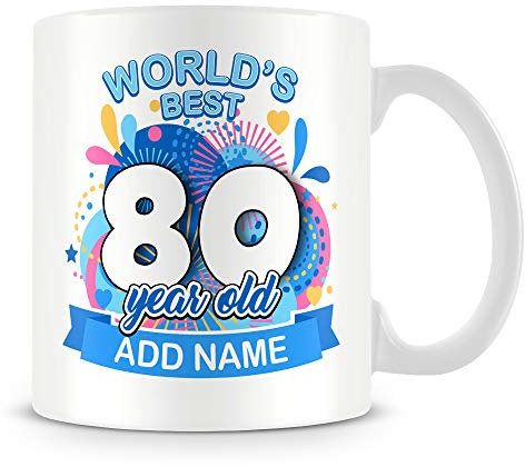 MUGGZ 80th Birthday Gift for Men - Personalised Mug/Cup - Add Name - Worlds Best Design - Blue – Custom Funny Coffee Mug – Unique Gift for Friends & Family