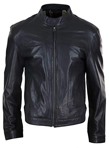 Mens Classic Casual Genuine Leather Biker Style Jacket Collarless Retro - Black 5XL