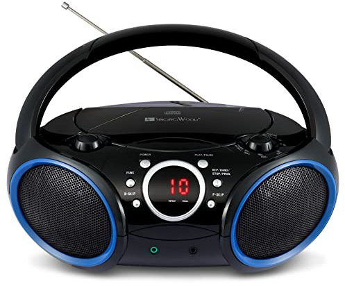 SINGING WOOD Boombox Lecteur CD Portable 030C avec Radio AM FM stéréo, entrée de Ligne auxiliaire, Prise Casque, Alimentation AC ou Batterie Prise en Charge (Noir avec Une Touche de Jantes Bleues)