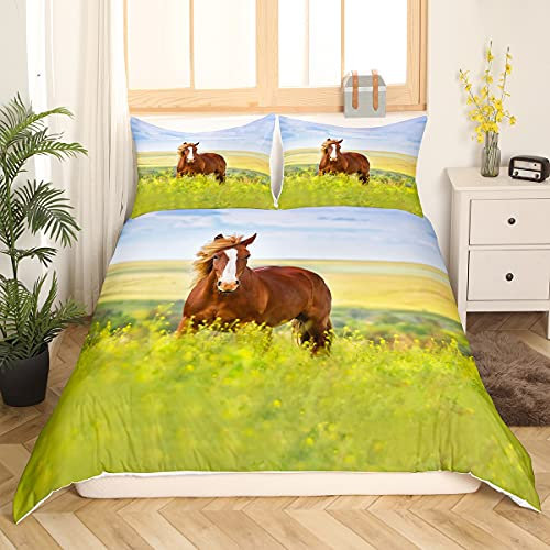Loussiesd Pferdethema Bettwäsche Set 3D Pferd Bettbezug Mann Jungen 3 Stück 155x220cm + 80x80cm Atmungsaktive Polyster Betten Set mit 2 Kissenbezügen, Reißverschluss, Tiere