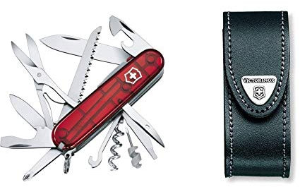 VICTORINOX Couteau d'officier Huntsman Lite rouge transparent & 4.0520.3 Etui-Ceinture - Pochette en cuir noir avec fermeture Velcro