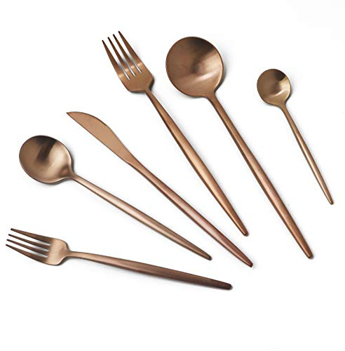 JASHII Set di posate in acciaio inox 304 color oro rosa 18/10, set di posate da 24 pezzi, con finitura moderna satinata Adaline Royal, ottimo regalo di compleanno e matrimonio (4 set oro rosa opaco)