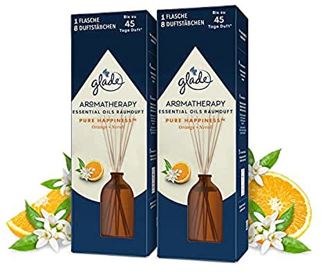 Glade Aromatherapy Essential Oils Raumduft 2er Pack, Pure Happiness, Raumduft Stäbchen für ätherische Öle, Orange + Neroli, (2x80ml)