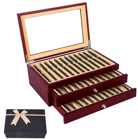 34 Piece Wood Pen Display Box Pen Storage Organizer Box Fountain Pen Collector Case 3 Layers (Red)