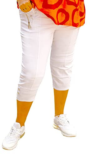 Caprice - Vera Tucci - Cropped 3/4 Length Womens Capri Trouser Elastic Waist (T6, White)