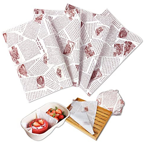 100 PCS Food Grade Wrap Paper, XIACIBDUS Greaseproof Paper Sheets, Waterproof Food Basket Liners Baking Paper, Newspaper Printing Style Wax Paper Sheets for Deli Sandwich Cakes Cheese Gift (36 x 26cm)