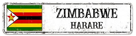 Cartello stradale personalizzato dello Zimbabwe Bandiera dello Zimbabwe Targa in metallo con bandiera dello Zimbabwe Capital City of Zimbabwe Targa in metallo vintage da parete rustica, decorazione