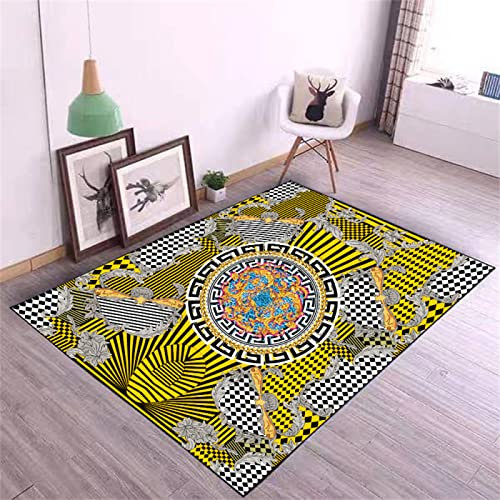 RUGMRZ Ornamente Schmutzabweisend Baby Teppich Gelb Schwarz Abstrakt Design Muster Kunst Modern Kinderteppich 90 x 160 cm
