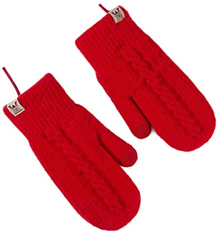 Gemütliche Woll-Zopfstrick-Handschuhe für Damen, winddicht, doppellagig, Winter, dick, warmes Fleece-Futter, Fäustlinge mit Schnur, rot, Einheitsgröße