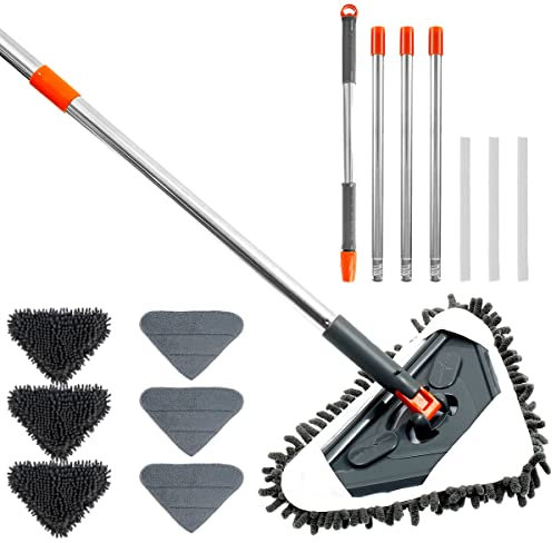 Scopa Mop Mop Triangolare Rotazione a 360° con 6 Panni di Ricambio Mocio Triangolare Lunghezza Regolabile per Pulizia Pavimenti Pareti Finestre (Grigio)