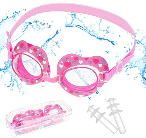 Anti-Buée Lunettes de Natation Pour Enfants, Jolies Coeur d'amour Lunettes de Natation avec Bouchons d'Oreilles et étui Portable, Anti-UV Anti-Fuite,Pour Filles Garçons Jeunes 4-14, Cours de Natation
