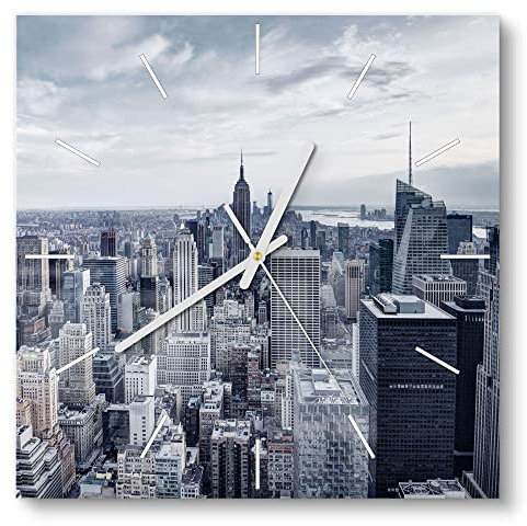 DEQORI Glasuhr | 30x30 cm | Motiv Blaue Skyline New York | ausgefallene leise Design Uhr aus Glas | Wanduhr für Wohnzimmer & Küche | Moderne Hingucker Uhr für die Wand