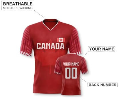 Yolovi Kanada Personalisiertes Fussball Trikot 3D Druck Football Shirt mit Ihrem Namen und Nummer Hip Hop Football Jersey für Herren Damen Kinder, Small-6X-Large